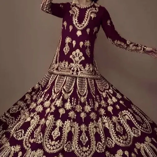 stunning embroidery on dark purple bridal kurta & lehenga dress with embellished crystal glass beads,dabka work for Wedding@2024