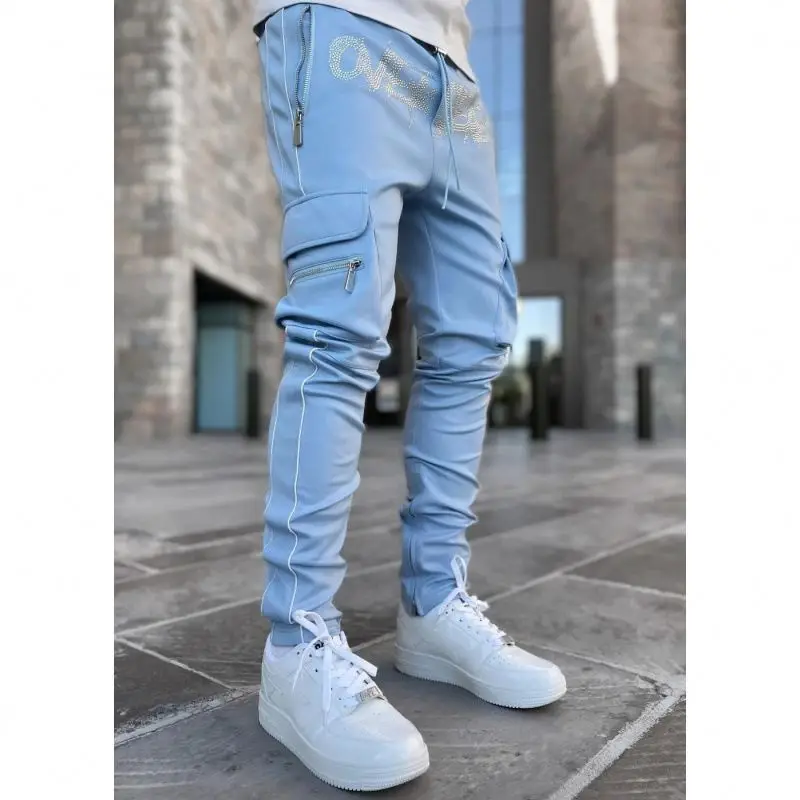 XINYI Custom Logo Men Track Sweat Reflective Rhinestone Cargo Joggers Pants With Pockets