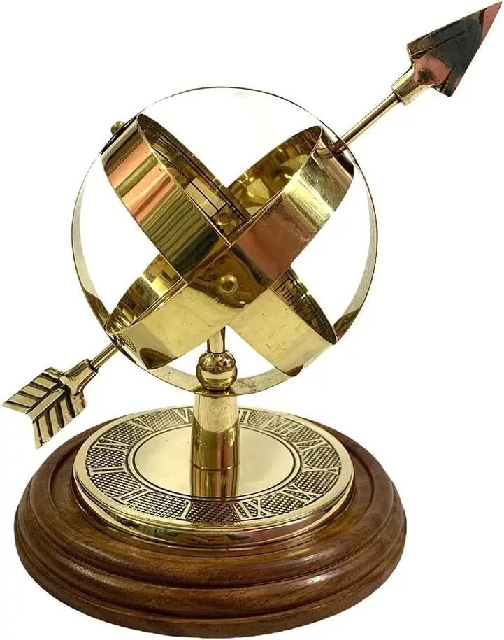 Best Quality Brass Decorative Armillary Sphere Sundial with Hardwood Base Gift Golden Heavy Hookah