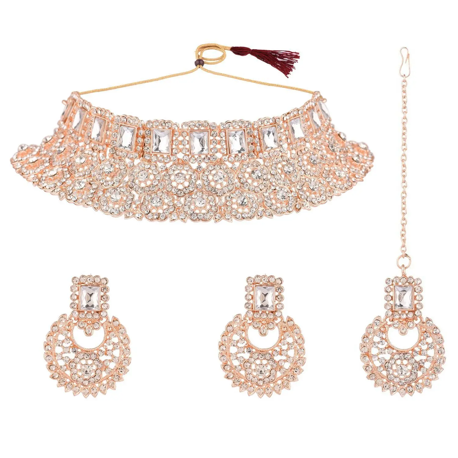 Indian Wholesale Jewellery Floral Gold Plated Rhinestone Crystal Bridal Choker Necklace Earrings Mangtikka Jewellery Set, White