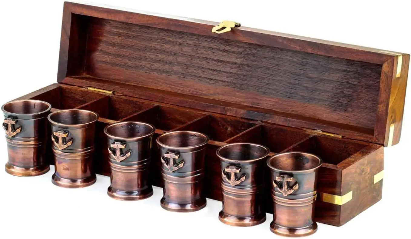 6 Brass Antique Shot Glasses Hotel & Bar Wine Drinking Shot Glasses with Anchor Wooden Box Nautical Beer Glass Set of 6 Bar-Ware