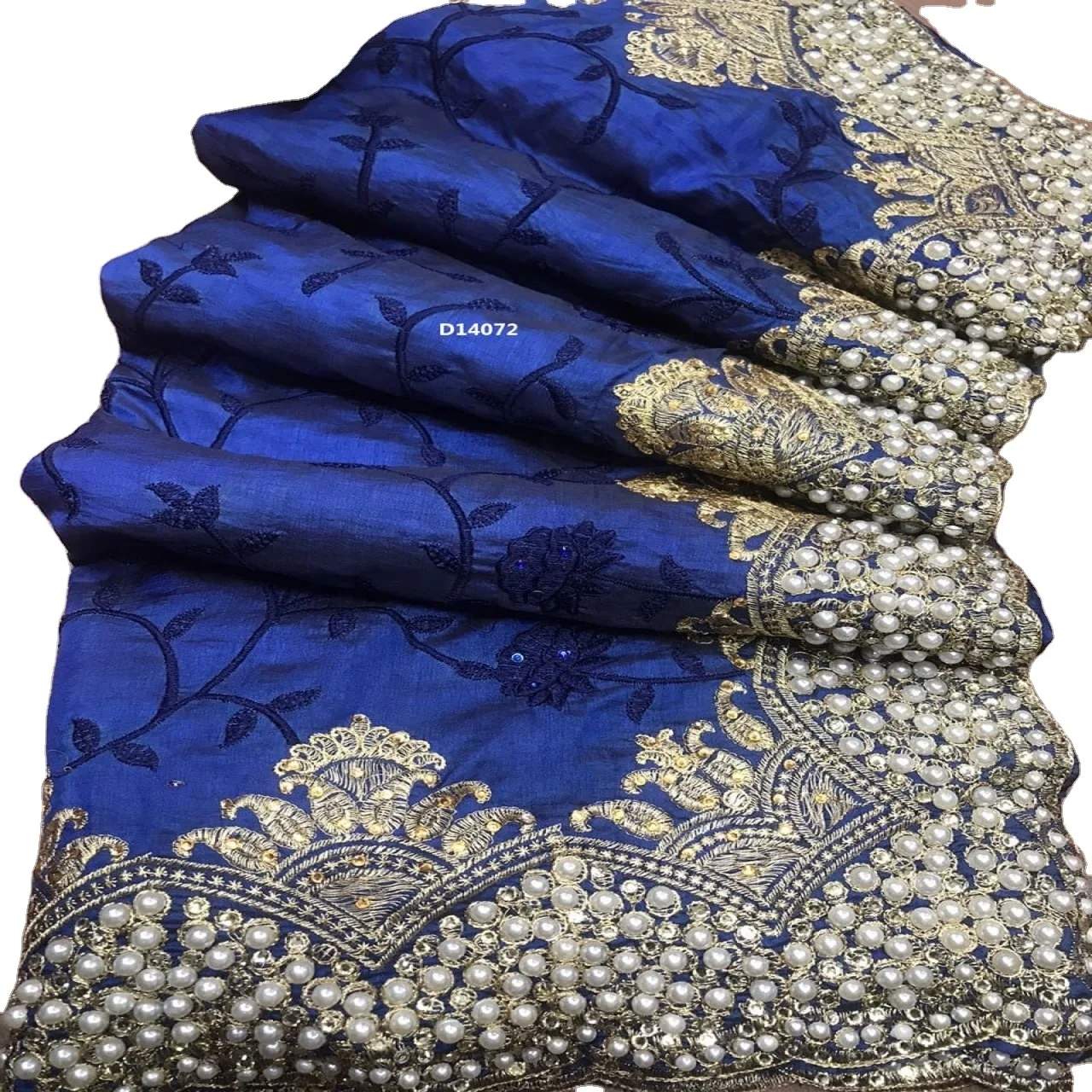 Hot selling designer embroidered net silk flower design Indian ladies wear blue color saree with blouse piece pearl work sari