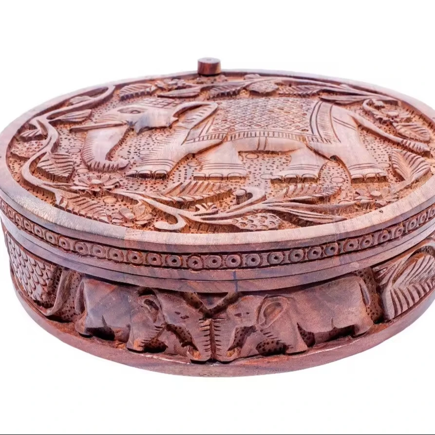 Organizer Wooden Herbs Box Exclusive Handmade Wood Elephant Hand Etched Embossed Spice Box Masala Dabba Luxury Christmas Gift