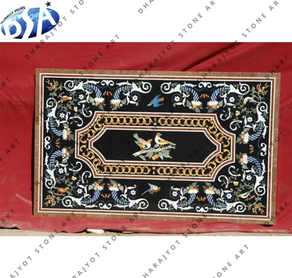 Indian Antique Art Marble Inlay Dining Table Top, Black Marble With Natural Stone Indian Design Table Tops