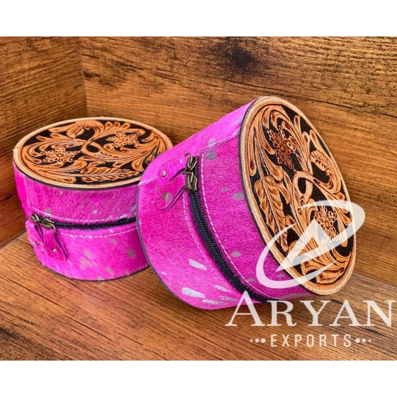 Premium Quality Tooled Leather Round Jewelry Case Western Pink Cowgirl Jewelry Box For Women Engraved Leather Travel Jewelry Box