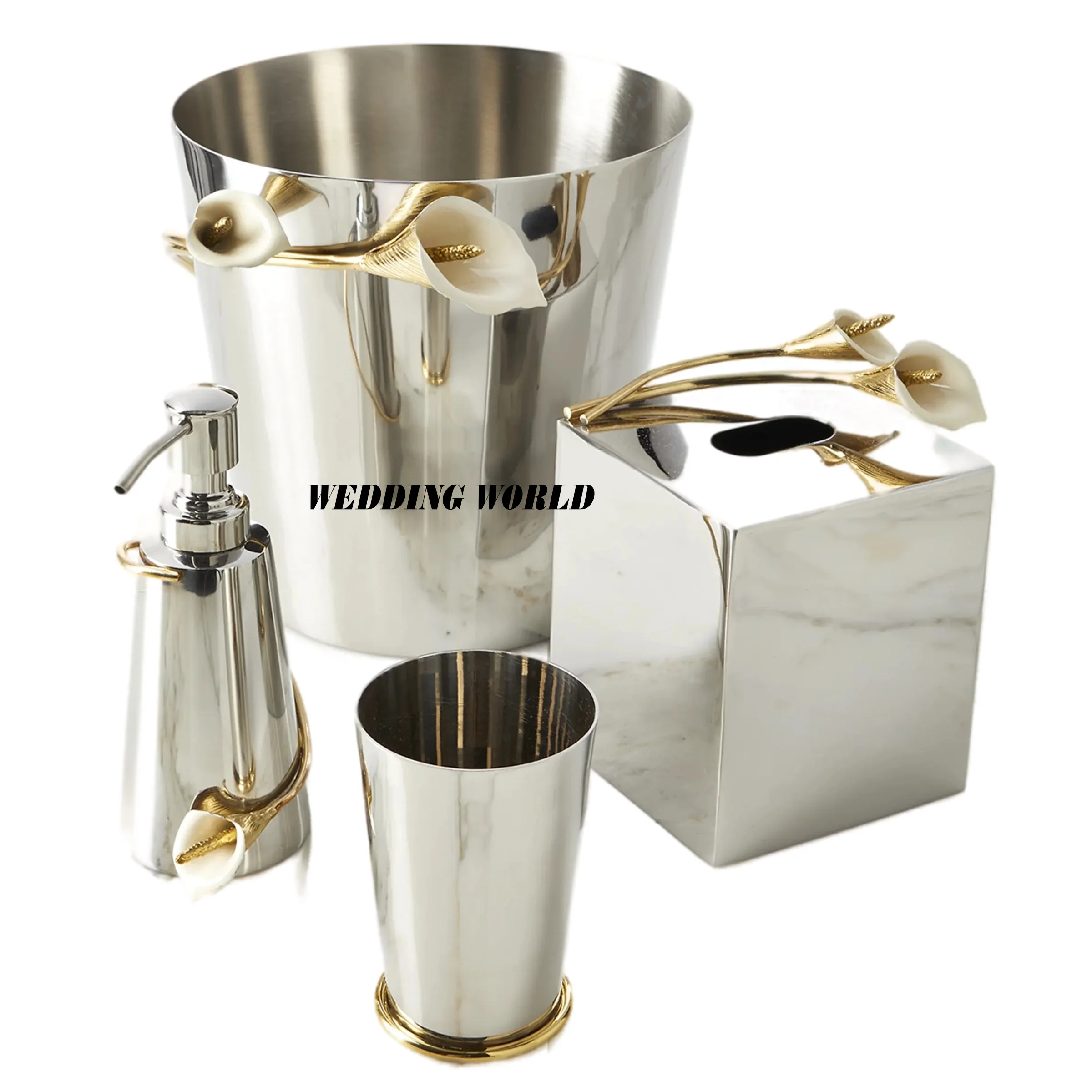 Stainless Steel Flower Design Bathroom Set Shiny Polished Wholesale bathroom Accessories High Quality Luxury Metal Bathroom Set