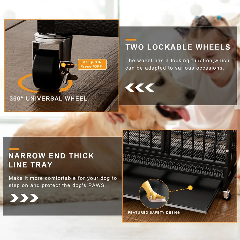 48 Inch Heavy Duty Dog Crate with Wheels for Indoor and Outdoor, Large Dog Kennel with Removable Tray