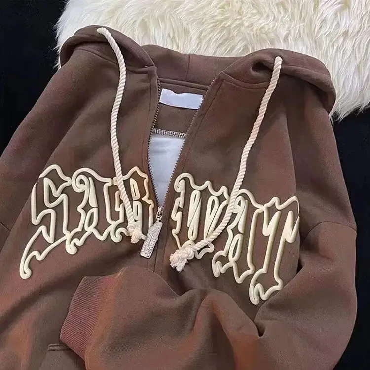 QIANSHI 100% Cotton Graphic 3D Printed Oversized Full Face Zipup Hoodie Custom Puff Print French Terry Heavyweight Zip up Hoodie