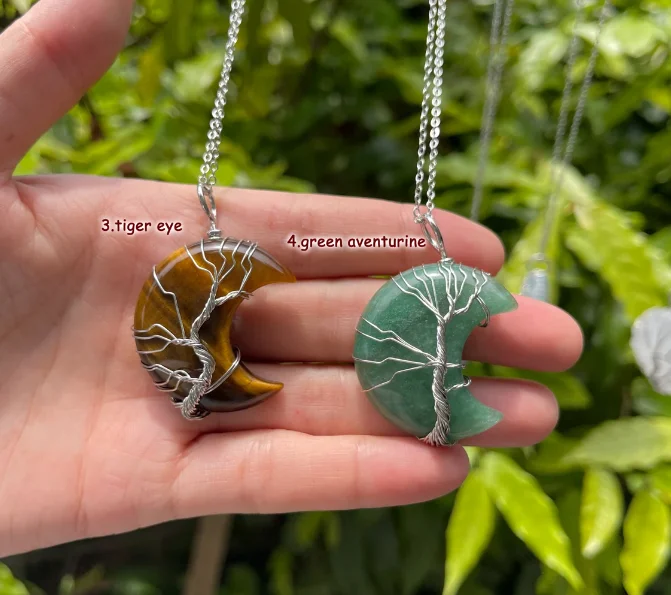 Wire Wrapped Moon Pendant Tree of life Chakra Jewelry Pendants Amethyst Rose Chakra Crystal Gemstone Necklace
