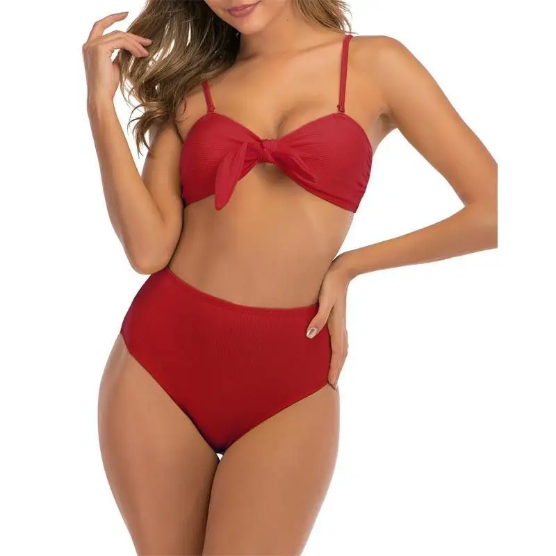Manufacture Rabbit ear New Style strap design and sexy Women Sexy High waist texture rib swimsuit Bikini Set