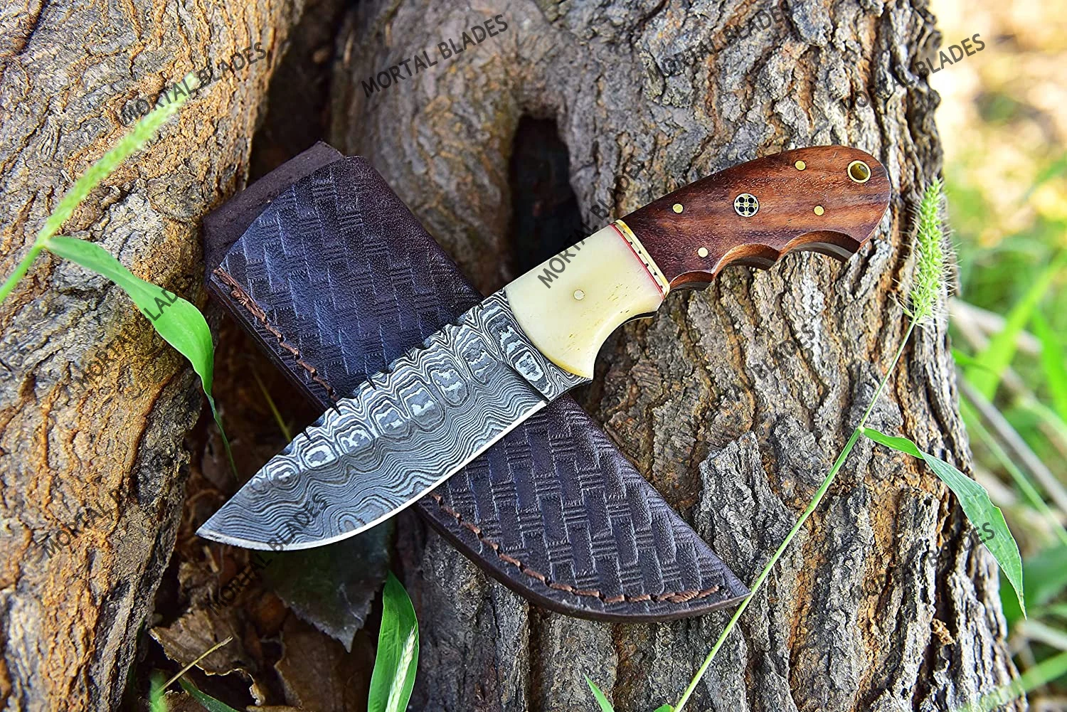 Damascus Steel Fixed Blade Hunting Knife with Leather Sheath Multipurpose Outdoor Knife with Rosewood Handle for Camping