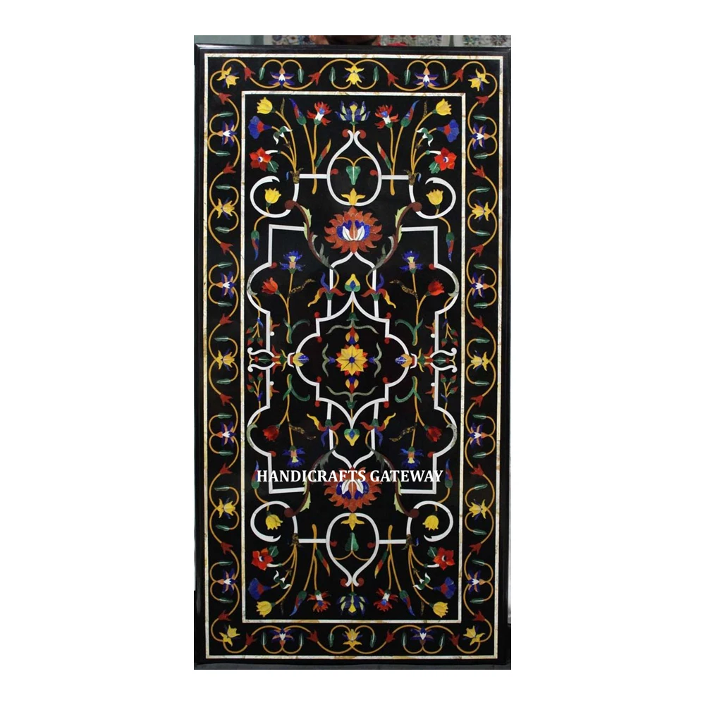 Rectangular Shape Black Color Marble Flower Design Top Quality Table Top Indian Handmade Best Price Stander Inlay Work Table Top