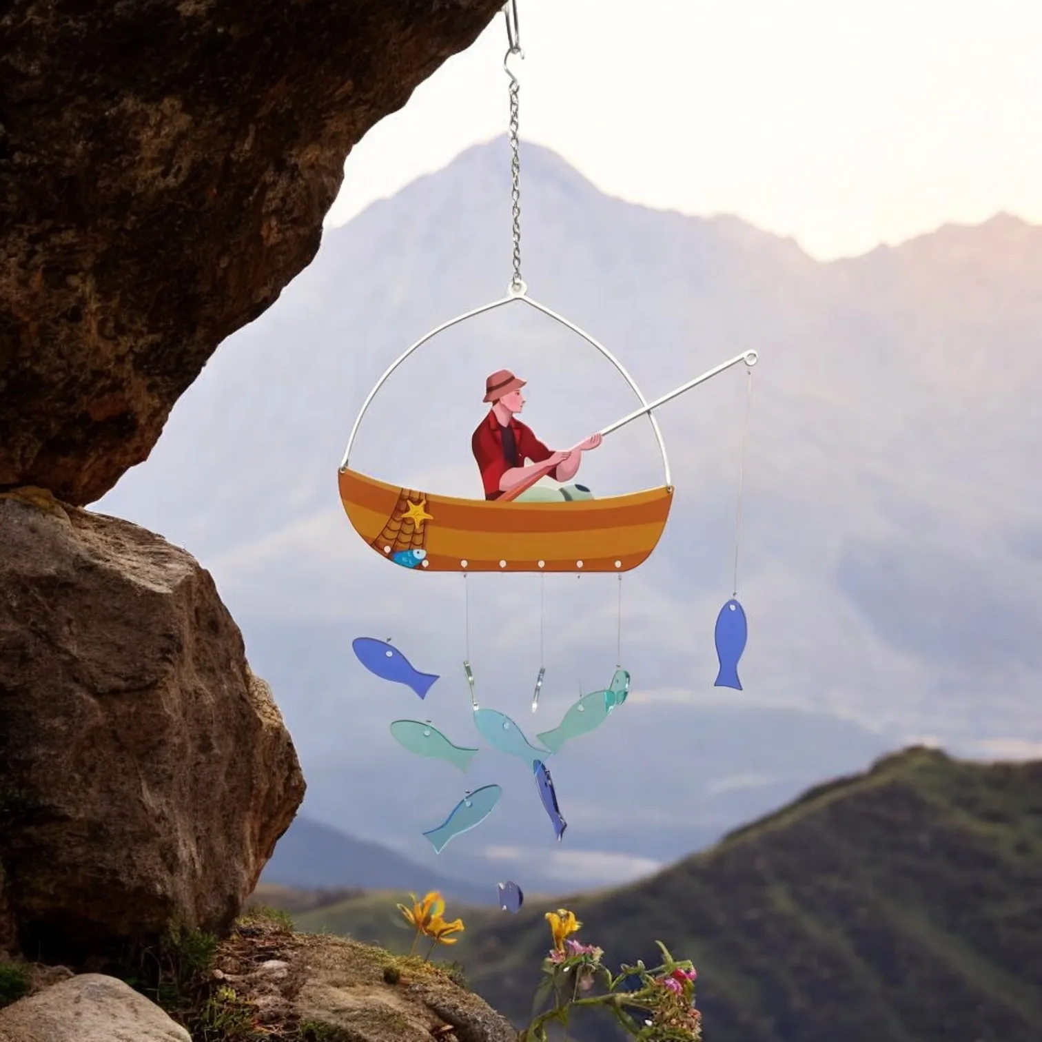 Acrylic Fish and Metal Fisherman Hanging Ornament - Ideal for Beach House Decor