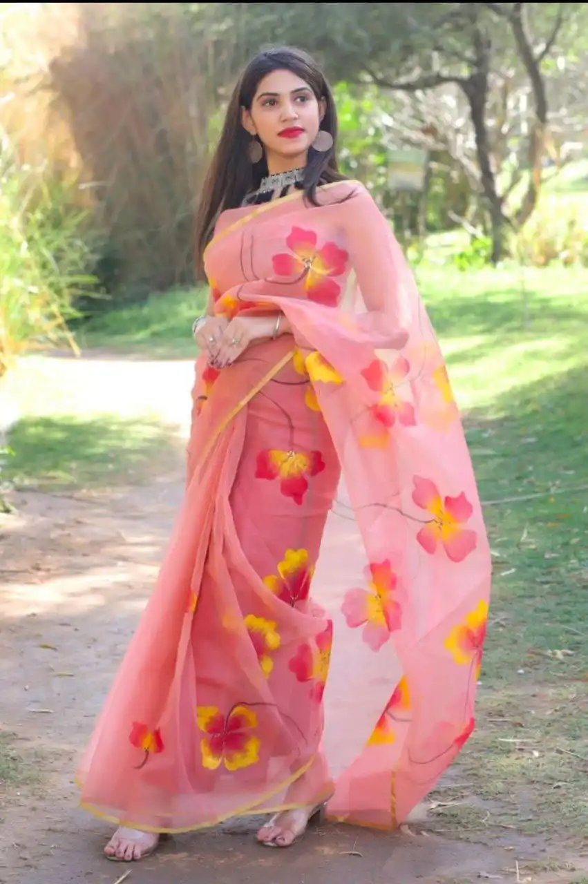 Indian Style Clothes Fancy Organza Silk Saree with Banglory Silk Plain Blouse Material Beautiful Digital Flower Printed Saree