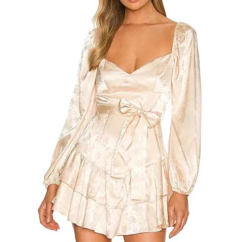 Women autumn and winter square neck long sleeve chiffon flower print slim fit belt ruffle 2 layer bottom casual mini dress lady