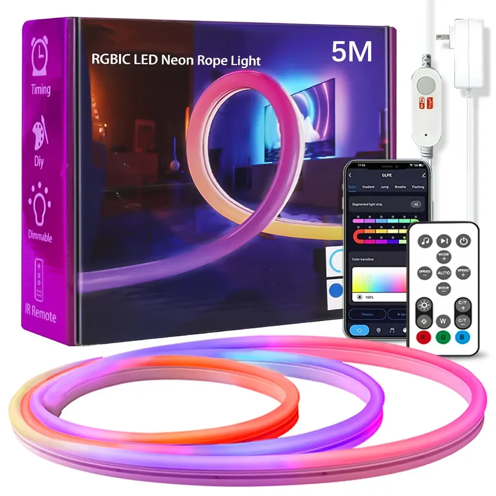 Google Alexa Smart Wifi Control LED Neon Flex Rope Strip Lights RGB Waterproof Hot Selling 16.4ft 5m IP67 Silicone 80 Magic RGB