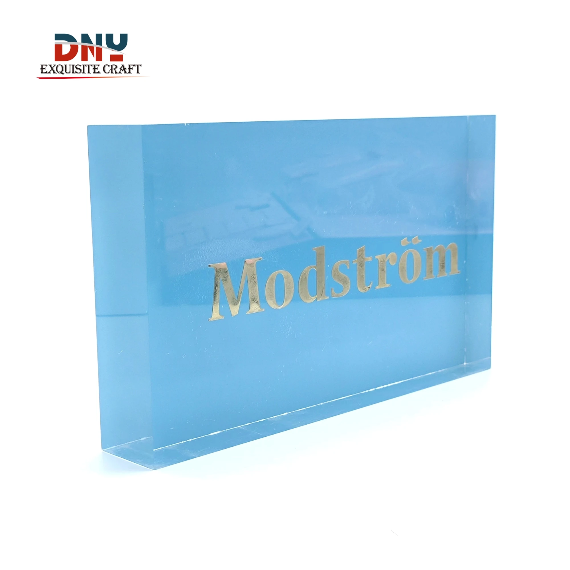 Factory custom large desktop gold logo block Transparent acrylic with gold word sticker clothing retail store brand display