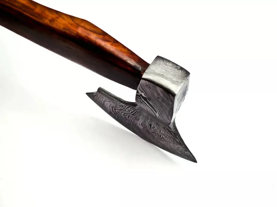Professional Damascus Axe  Custom Handmade Damascus Steel Axe  Rose wood Handle and Leather Sheath
