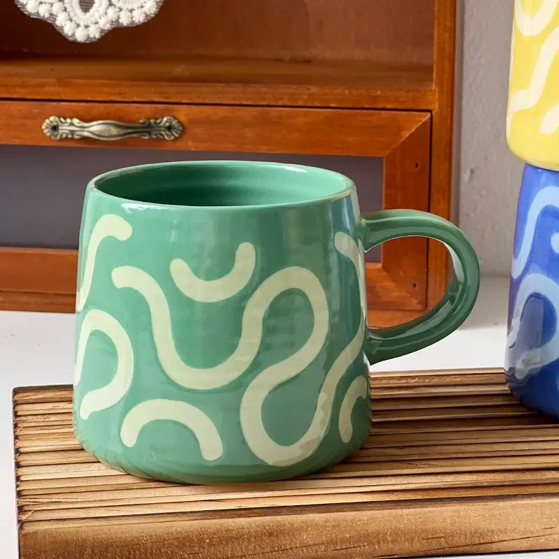 380ml Nordic Vintage Custom Logo Ceramic Simple Line Big Belly Mug Colorful Coffee Espresso Cup Tea Milk  Personalized