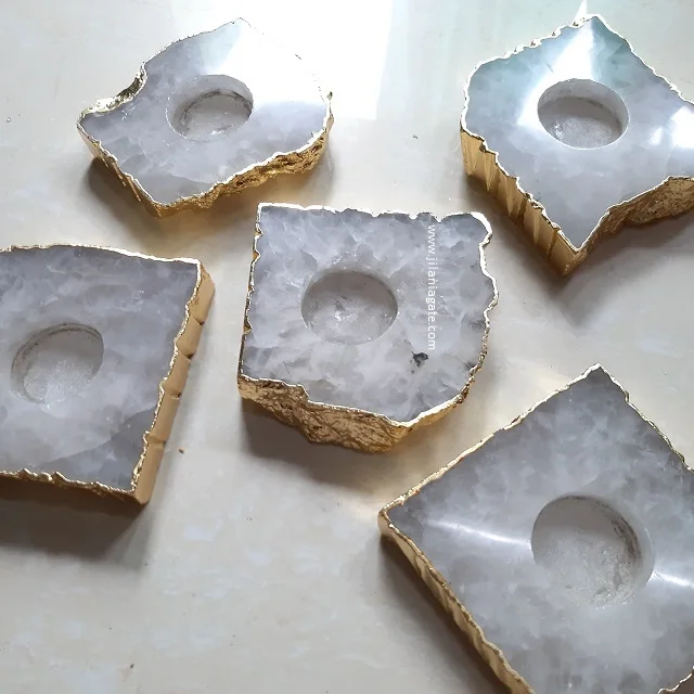 Hot Sale Luxury Modern Rose Quartz Agate Stone Pink Rose Candle Holder Gold Platting Semi-Precious Stone For Wedding Home Decor