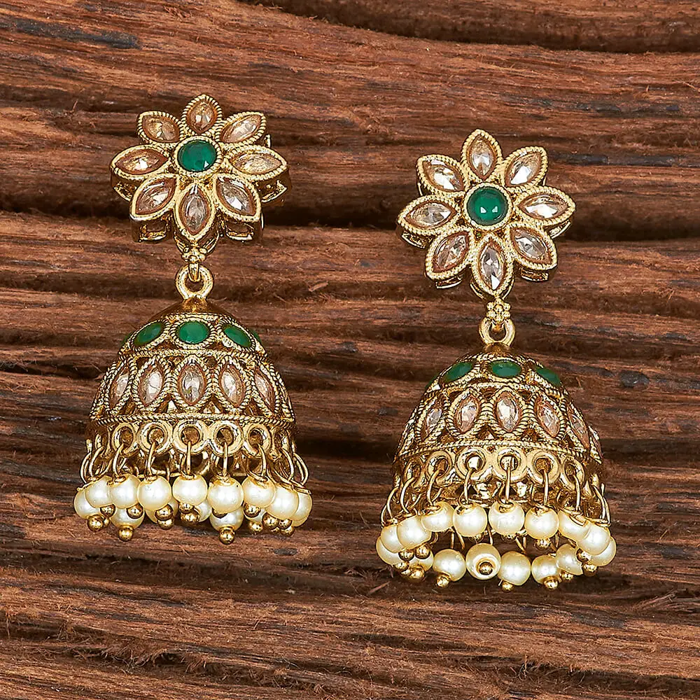 Latest Wholesale Quality Of Mehndi Plated Antique Reverse Ad Stone Jhumki Earring With Pearls