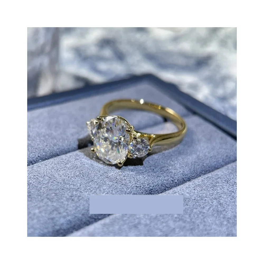 Direct Factory Prices 3CT Oval Cut Three Stone Moissanite Engagement Ring with 14K Solid Yellow Gold Promise Wedding Ring
