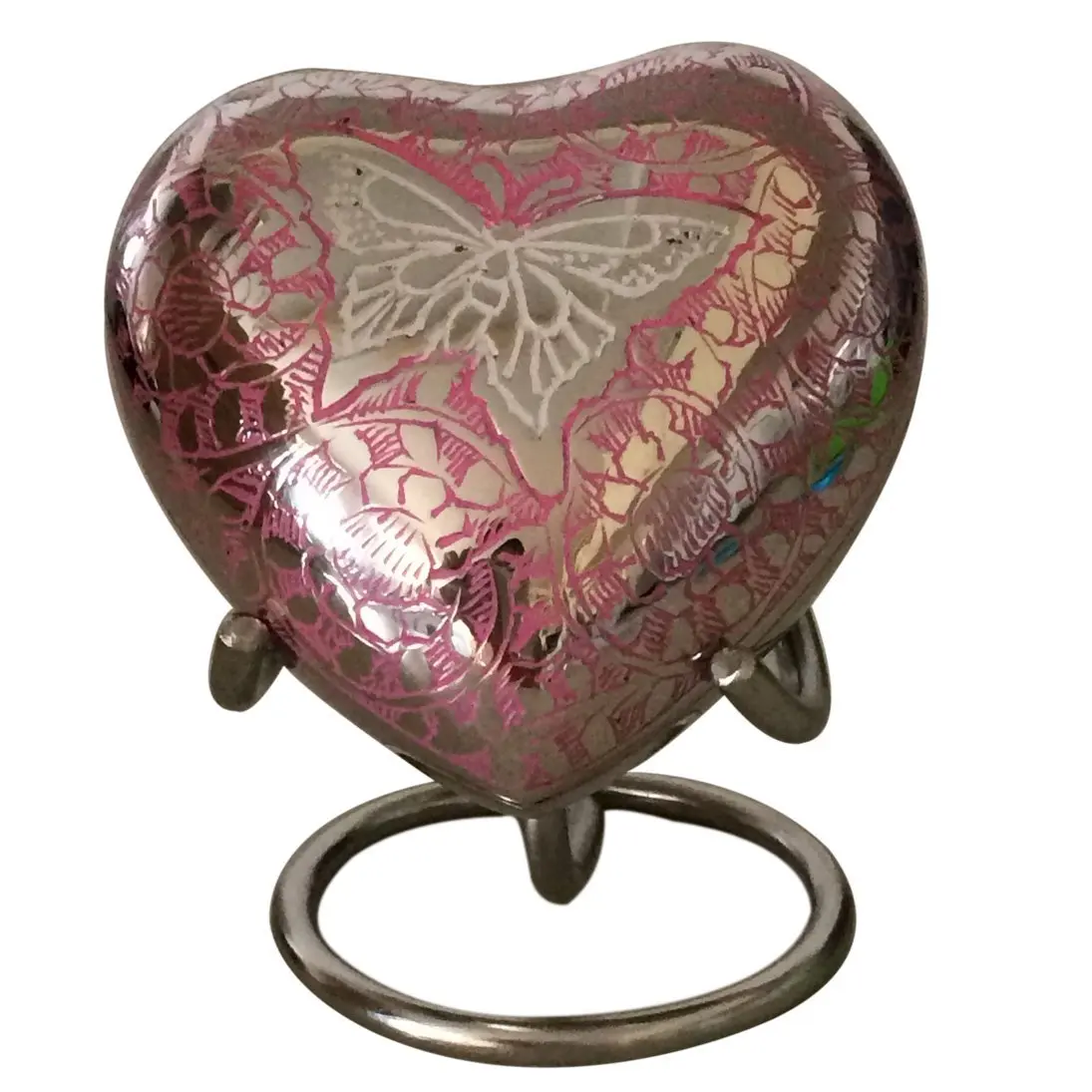 Heart Shape Mini Keepsake Brown Aluminium Cremation Urn For Ashes with Butterflies Sparkle Outline Design