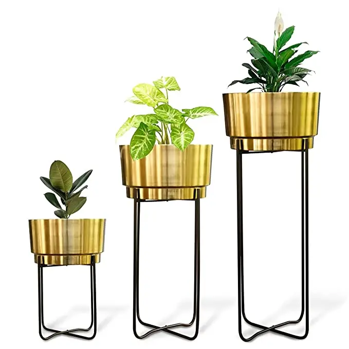 Set of 3 Golden Flower Pot & Metal Planter with Stand Metal Iron Golden Finished Metal Round Shape Pots & Planter