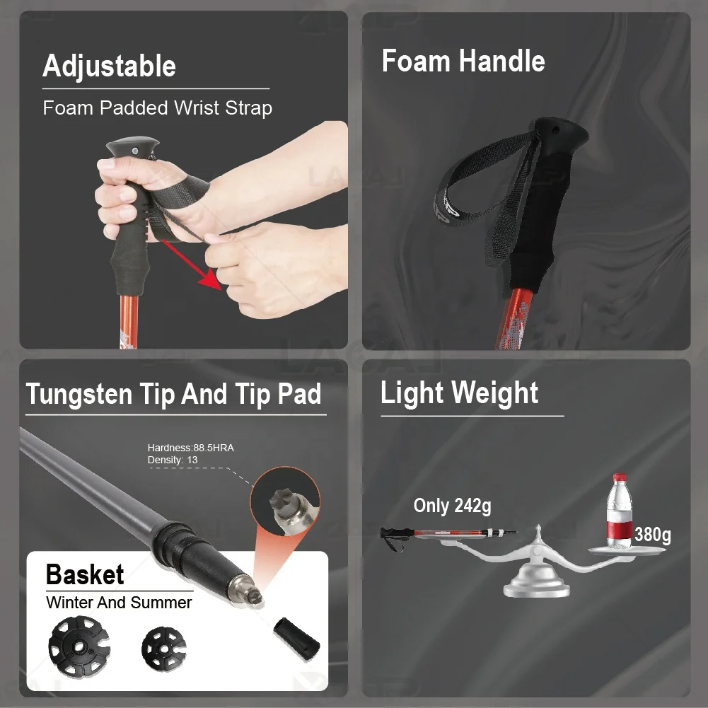 XATP New Design Lite Alu Flip Locking Telescoping Foldable Camping Hiking Trekking Mountaineering Aluminum  Pole Stick