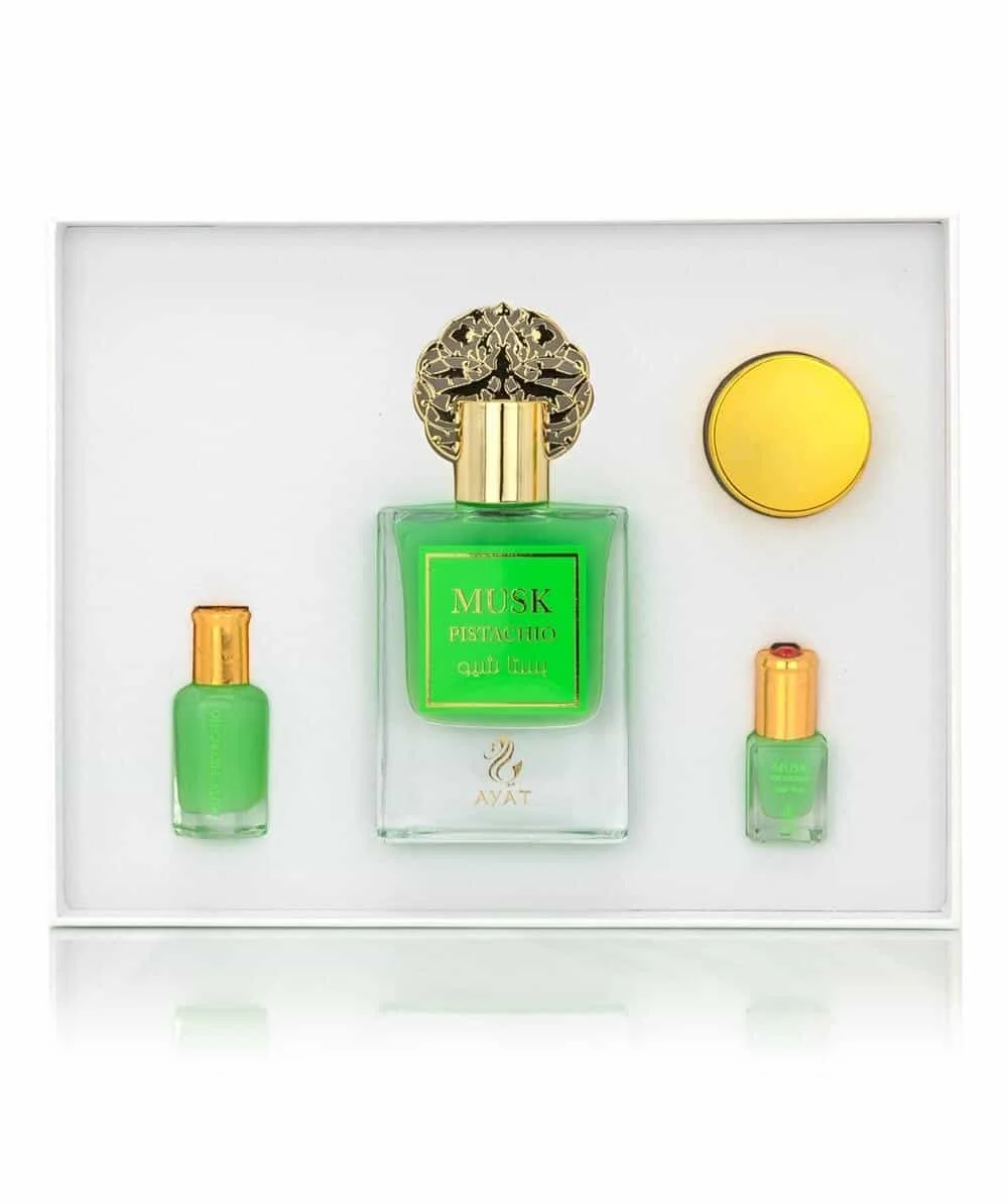 Perfume Set Musk Pistachio by Ayat Perfumes eau de parfum Dubai Arabic long lasting original perfumes for men and women