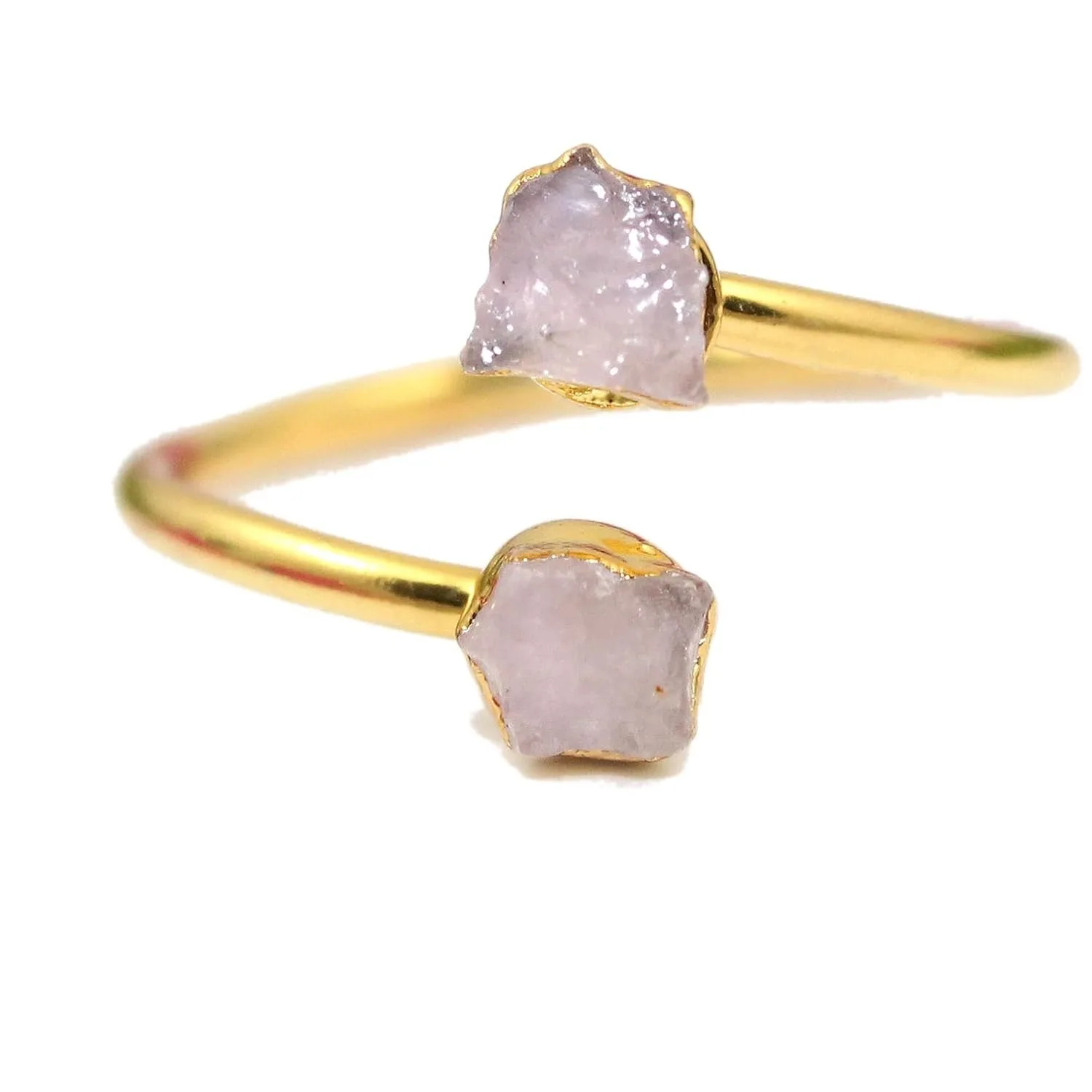 Rose Quartz Double Stone Rings ,   Natural Rough Rose Quartz Double Stone January Birthstone Gold Electroplated Rings For Gifts