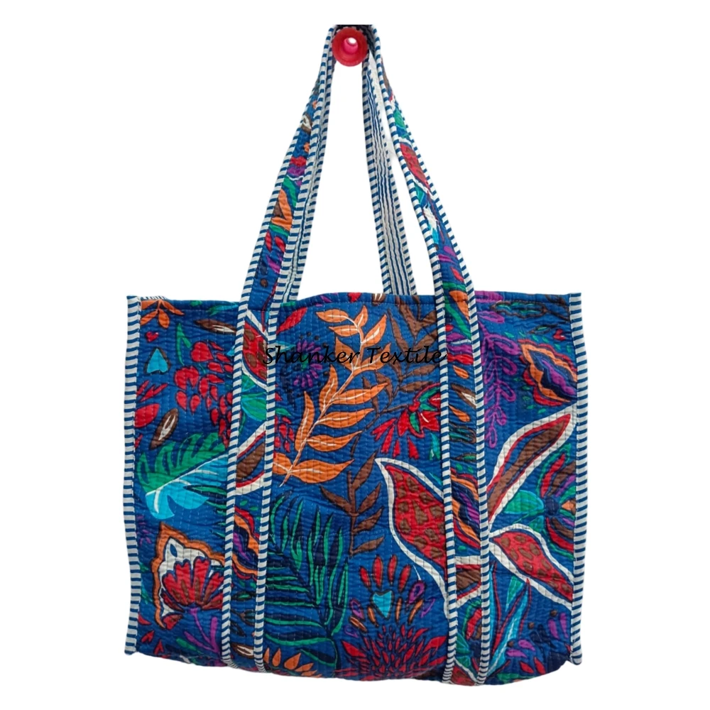 Hand Block Printed Quilted Tote Bag For Women Shopping Shoulder Beach Bag Customized Bag With Inner Pocket