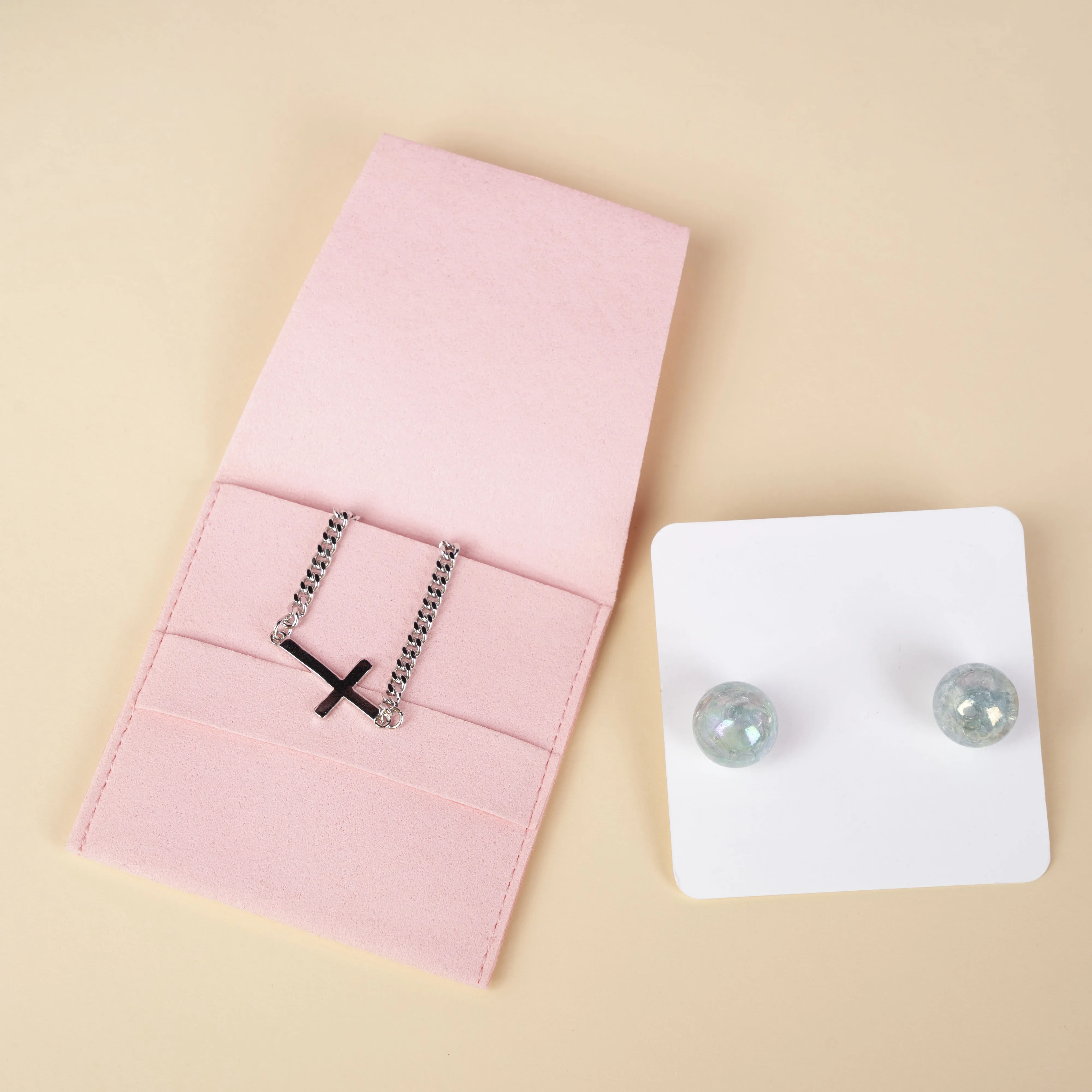 Ivory Microfiber Button Jewelry Pouch With Holder Custom Hot Stamped Suede Envelope Jewelry Pouch