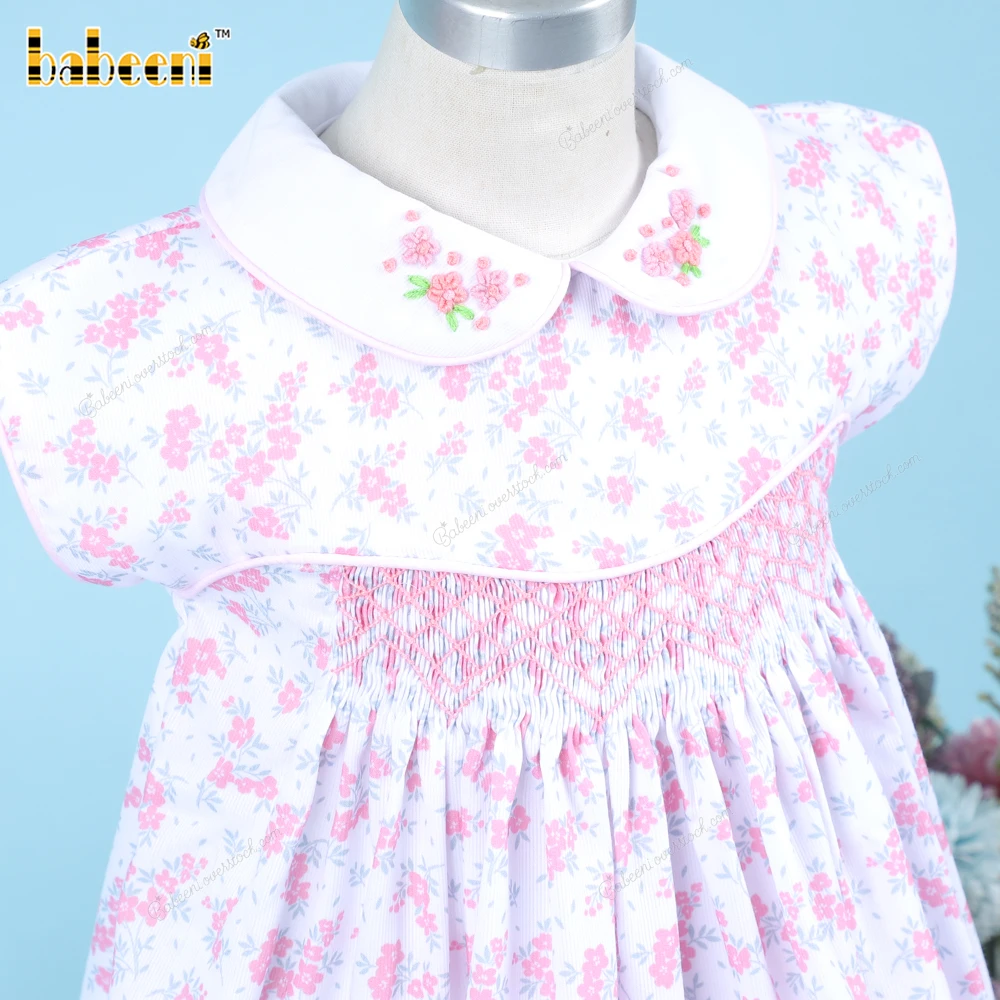 Blue Yellow Floral Plain Dress For Girl For Girl OEM ODM customized hand made embroidery wholesale smocked dresses - BB3303