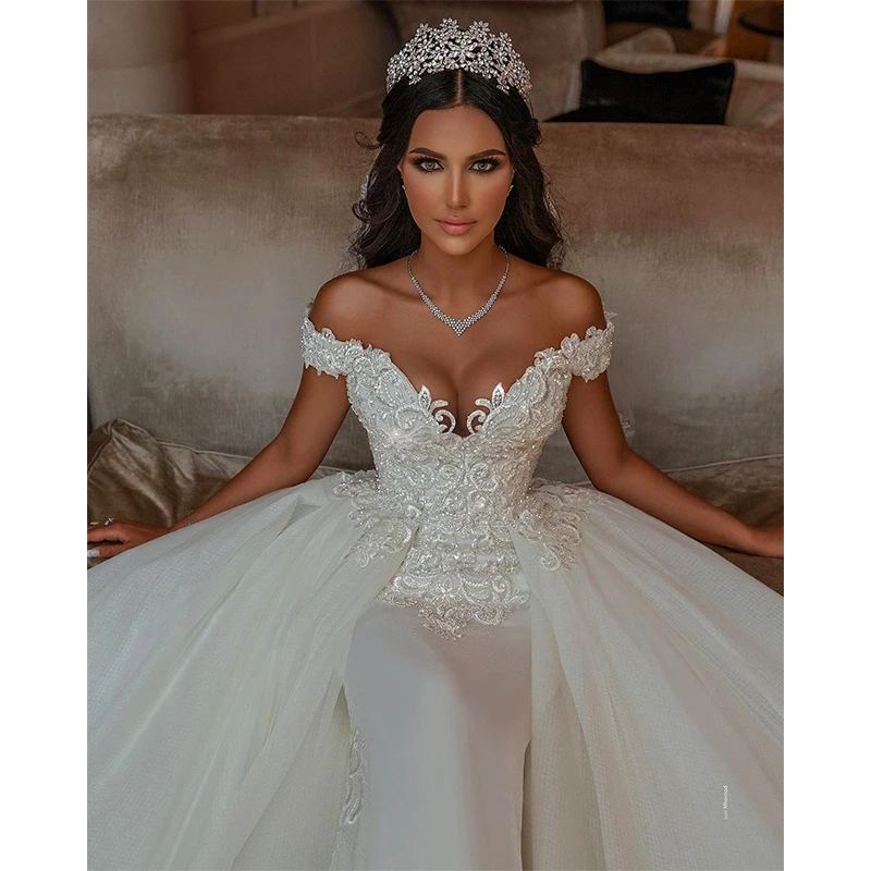 vestidos de novia Luxury lace applique mermaid wedding dress bridal gown with Detachable tulle train