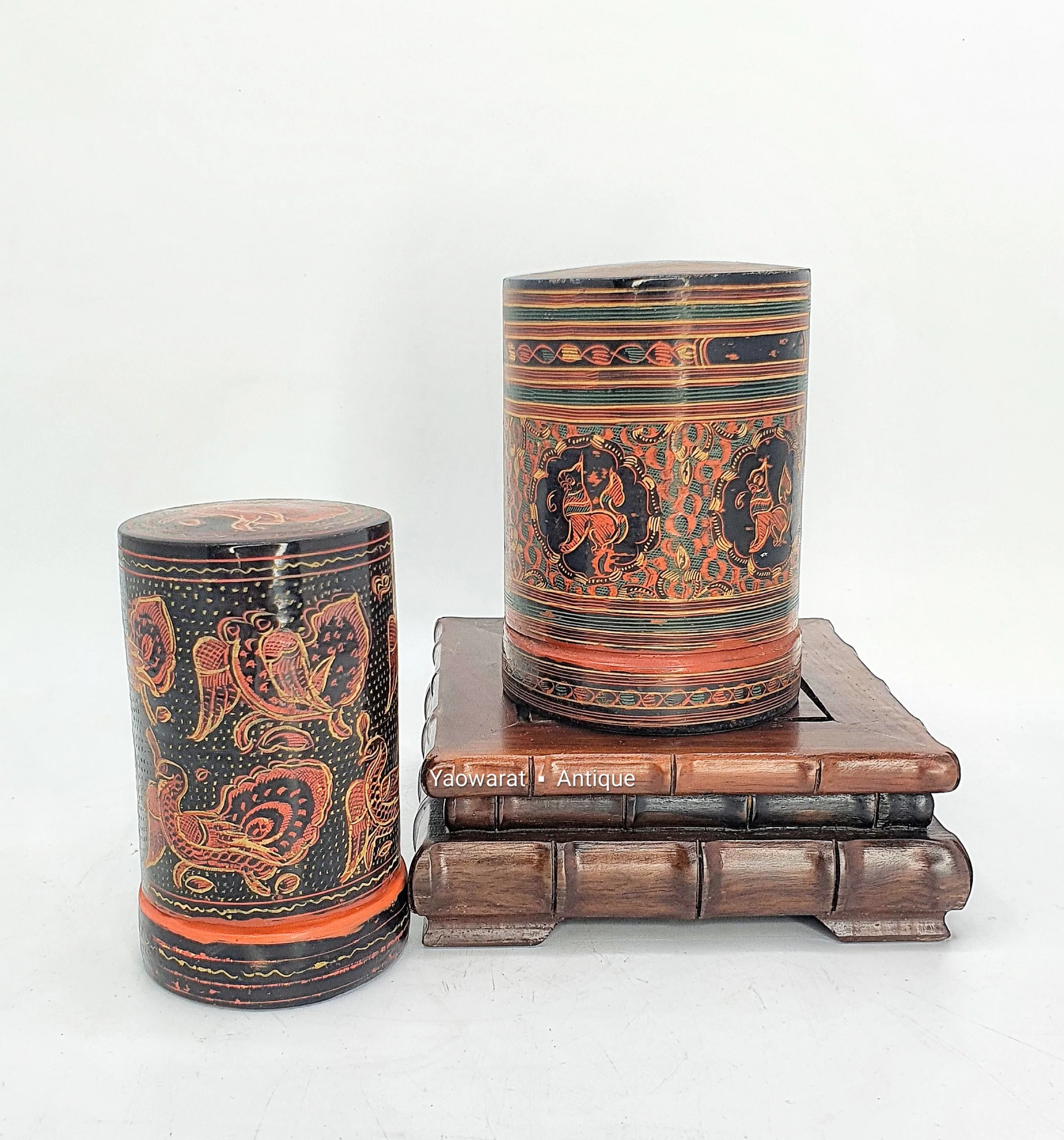 An Antique Group Of  Myanmar Lacquer Ware Cylindrical Shape Decorated With Animals For Collect And Decorated Home Decor
