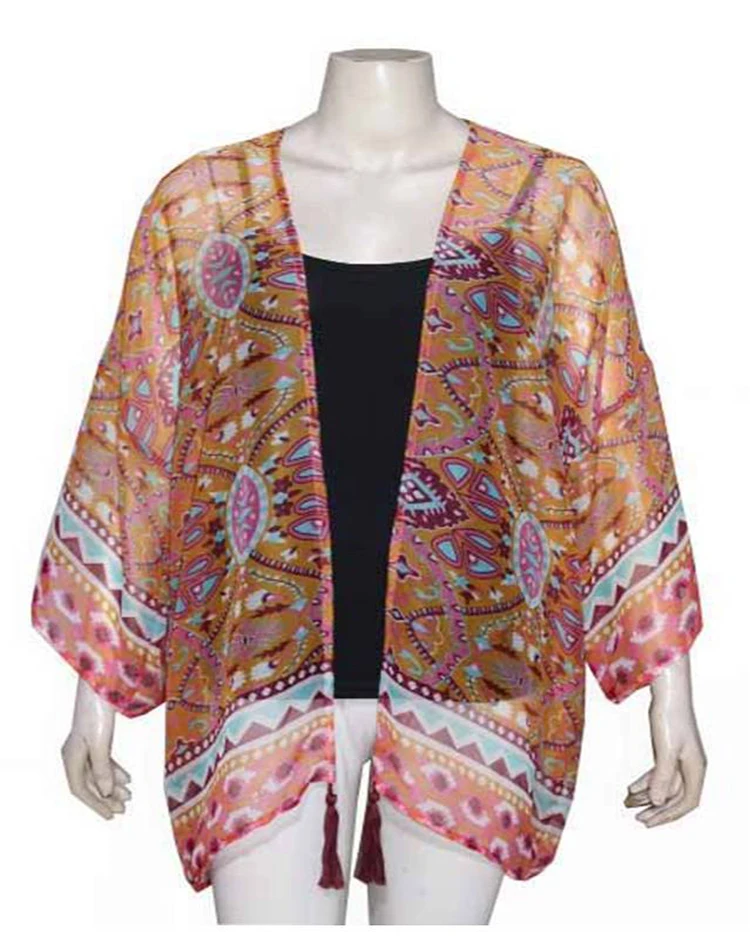 Ladies Kimono Robe Luxury Long Sleeve Sexy Women Robs Femme 100% poly chiffon tassel embellishment print front open kimono wrap