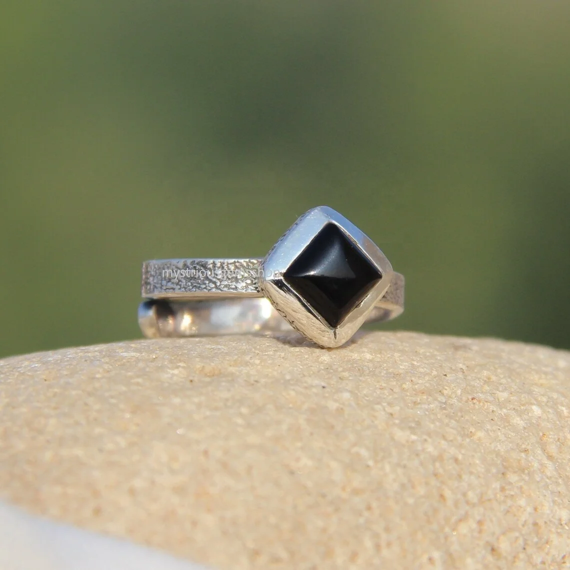 Solid 925 Sterling Silver Adjustable Ring Black Onyx Cabochon Ring Square Shape Gemstone Handmade Ring For Gift