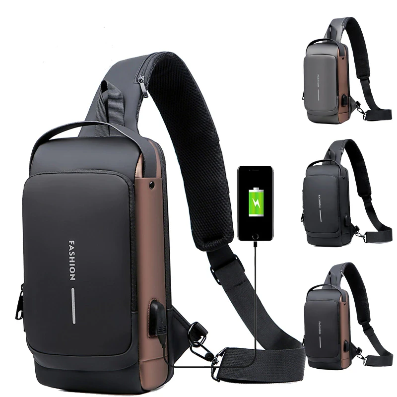 Waterproof USB chest bags for men crossbody Anti-Theft Fashion Designer simple chest sling bag bolso para hombre