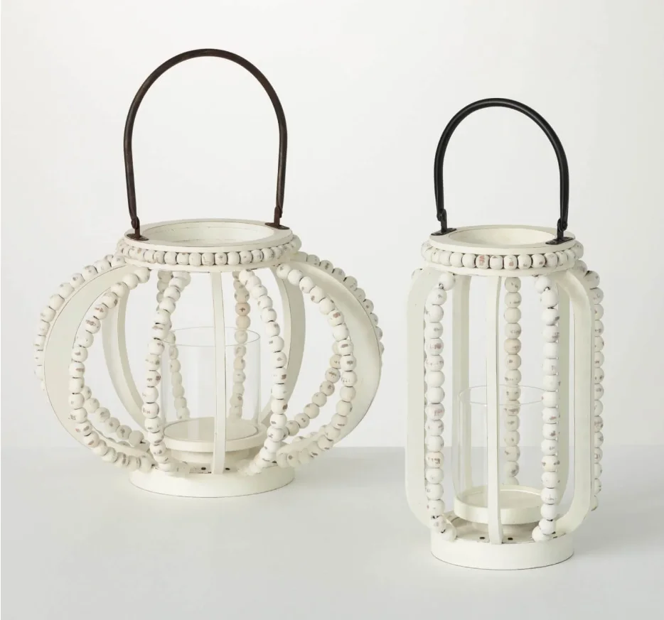 High quality wholesale unique White wash wooden Boho-Chic Beaded Lantern with metal handle  made in Vietnam