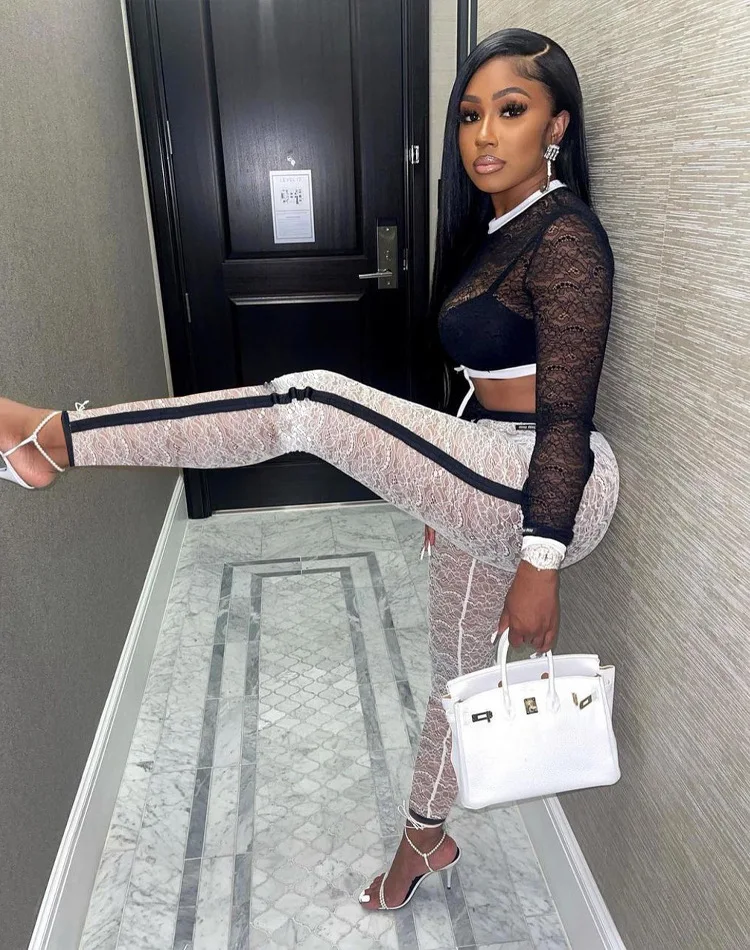 Hot Sell 2022 Autumn European Beauty Ladies Lace Mesh Clothing Two Piece 2 Pcs Womens Set