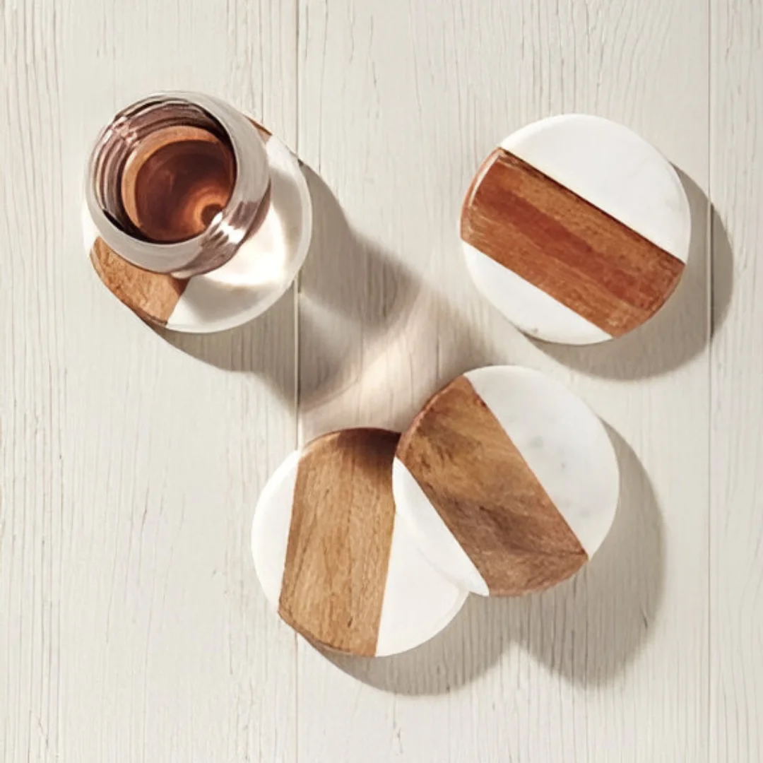 Natural White Marble with Acacia Wood Stone Coasters Elegant Durable Combination for Stylish Home Best for Drinks and Gifts