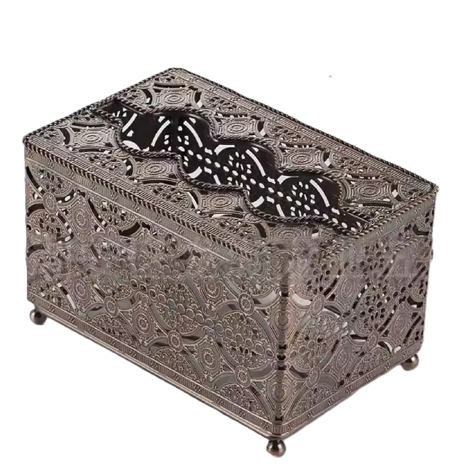 Unique flowers pattern cutout metal tissue case, Silver black iron rectangular Napkin Storage Boxes, Metal Facial Tissue Holders