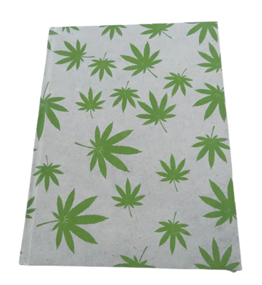 Recycled Handmade Paper Hard Cover Diary Notebook Printed Hemp Leaves All Around Wood Free Paper Note Book