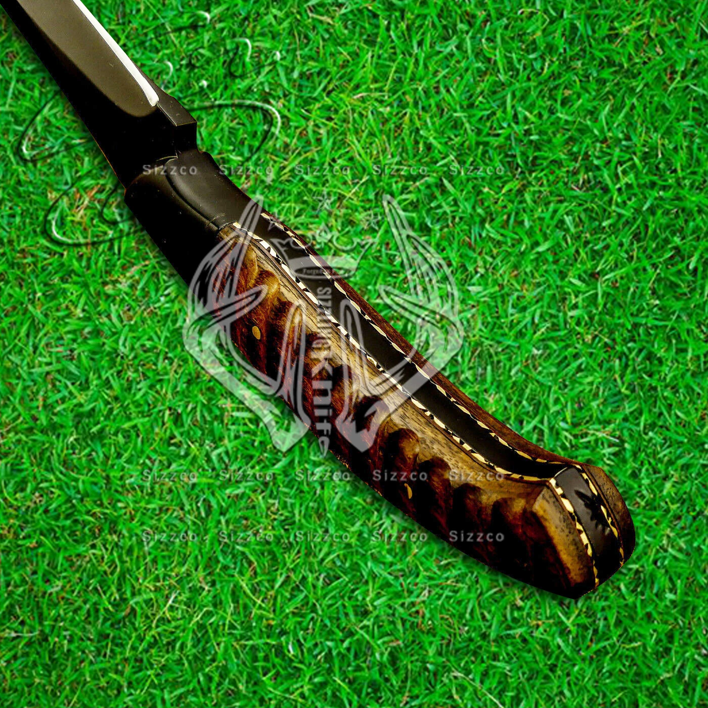 High Quality Custom Black Powder Coated D2 Steel Kitchen Fillet Knife Handle Burl Wood, Leather Sheath, Smooth Cutting