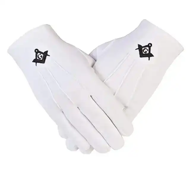 High Quality Cheap Price Embroidery Compass Logo Masonic Regalia Gloves Knights Of masonic white cotton gloves