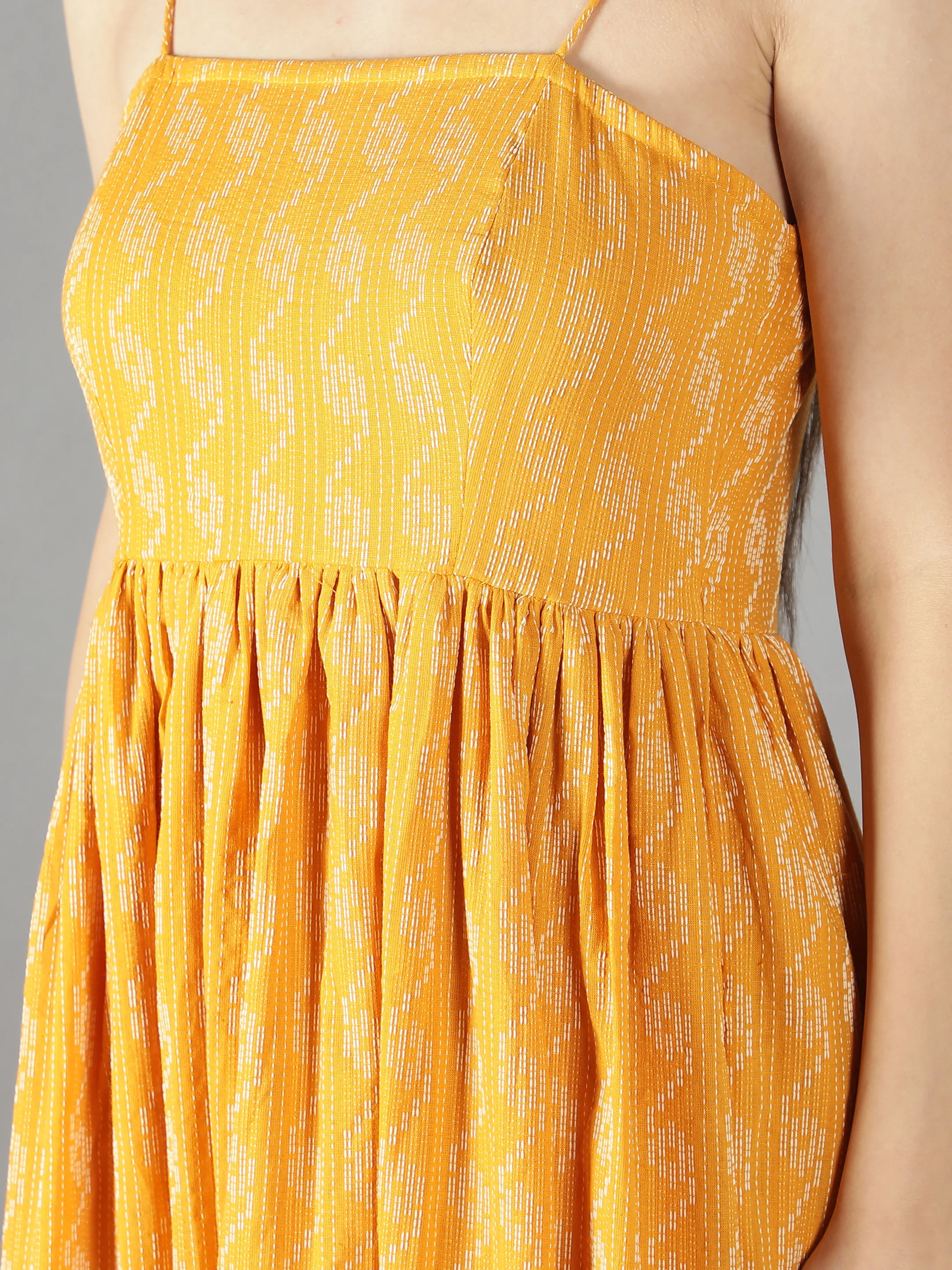 Signal Yellow Shoulder Tie Up Flared Dress In Cotton Kantha western look girl dress amazing quality one piece new fashion dress