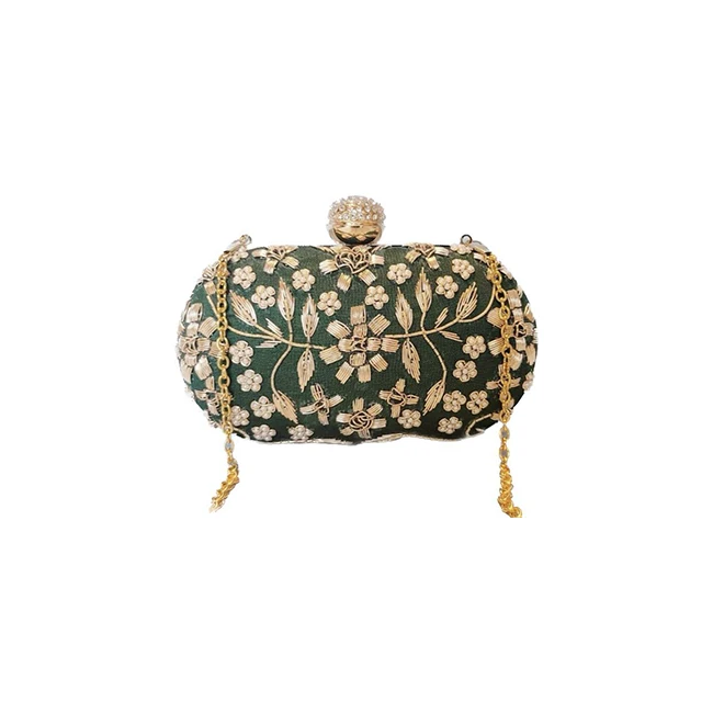 Wholesale Top Selling Green Floral Beaded Indian Handcrafted Clutch Women & Girls Party Purse