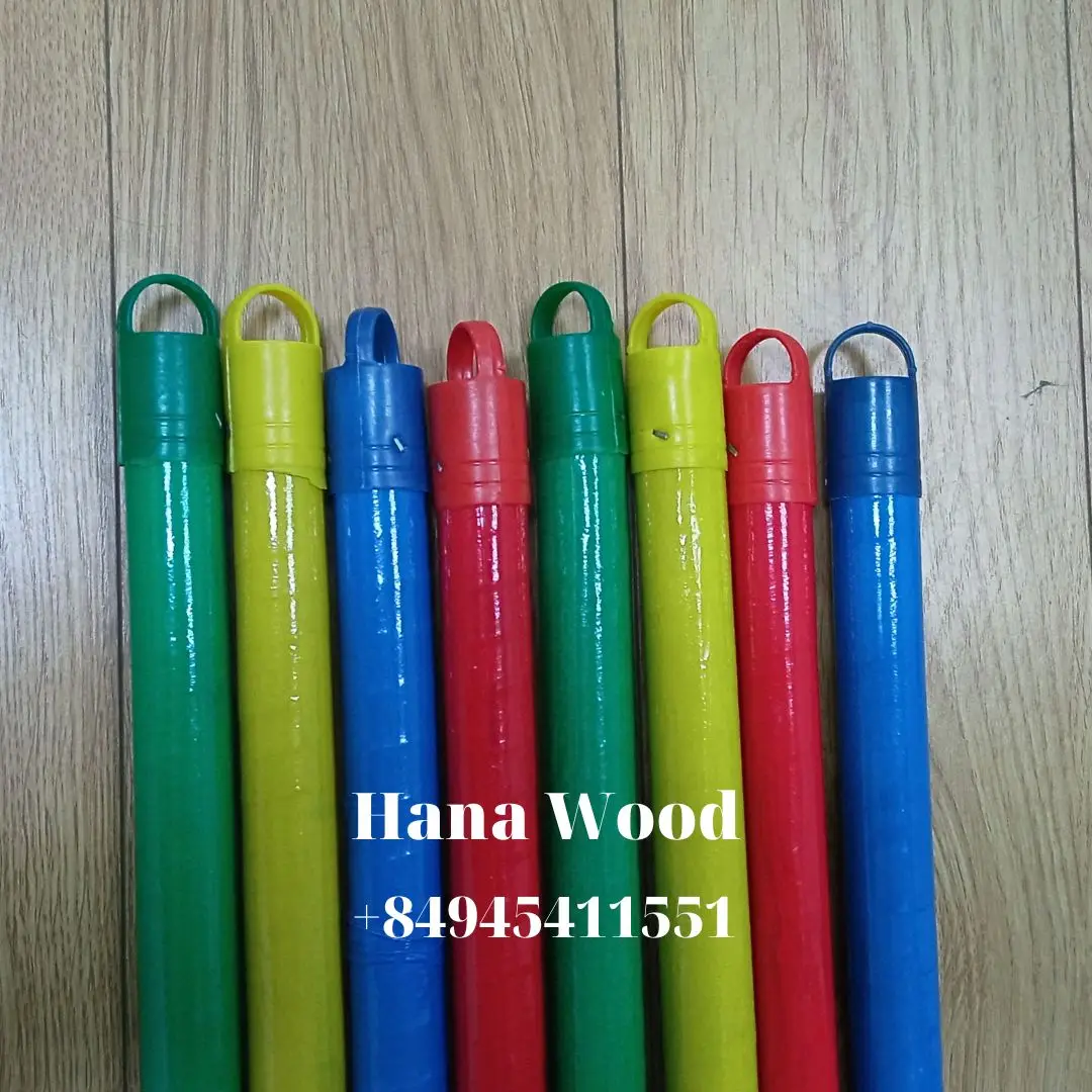 Wholesale Vietnam colorful coated wooden broom stick 120cm length colored PVC pipe, manufacturer plastic mop stick handle
