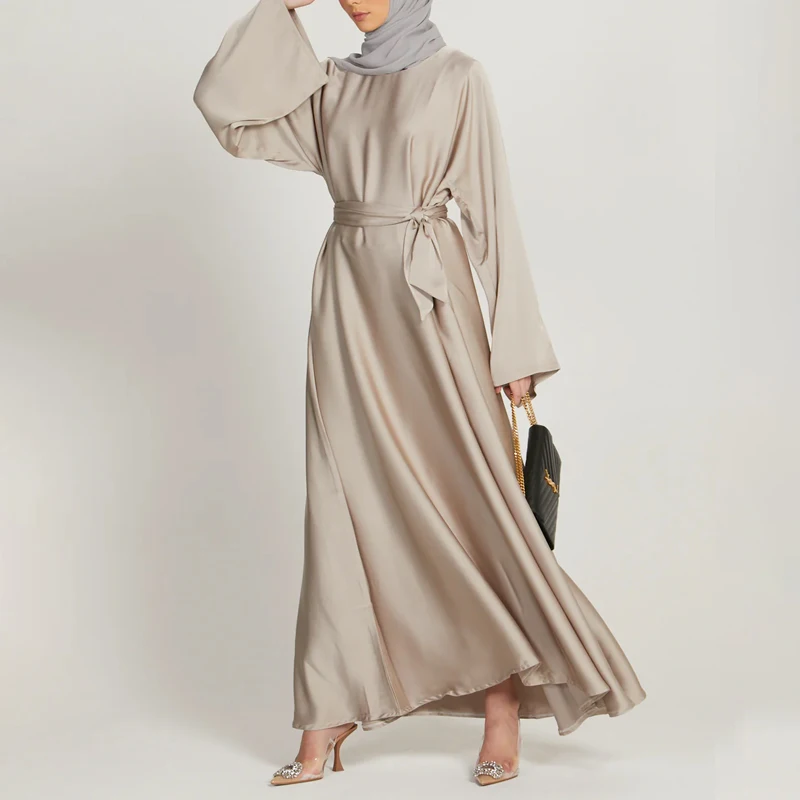 Custom Abaya Femmes Robe Musulmane Crew Neck Solid Color Women Maxi Dress Ladies Satin Muslim Long Dress Islamic Clothing